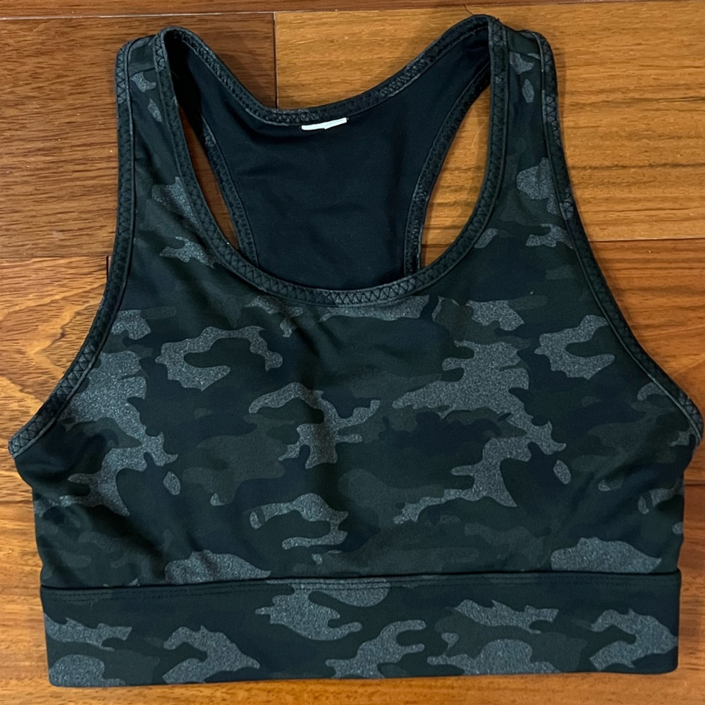 Fabletics On The Go Medium Impact Sports Bra- gray camo
